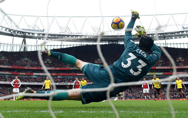LONDON, ENGLAND - MARCH 11: Troy Deeney of Watford sees his penalty saved by Petr Cech of Arsenal during the Premier League match between Arsenal and Watford at Emirates Stadium on March 11, 2018 in London, England. (Photo by Michael Regan/Getty Images)