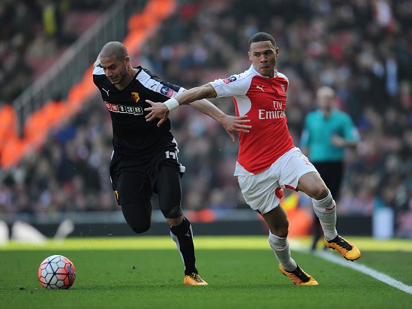 LONDON, ENGLAND - MARCH 13: Kieran Gibbs of Arsenal challenged by Adlene Guedioura of Watford during the Emirates FA Cup Sixth Round match between Arsenal and Watford at Emirates Stadium on March 13, 2016 in London, England. (Photo by Stuart MacFarlane/Arsenal FC via Getty Images)
