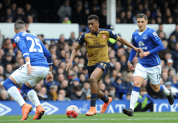 Alex Iwobi of Arsenal takes on Ramiro Funes Mori and Muhamed Besic of Everton during the Barclays Premier League match between Everton and Arsenal at Goodison Park on March 19, 2016 in Liverpool, United Kingdom.| Credit: David Price