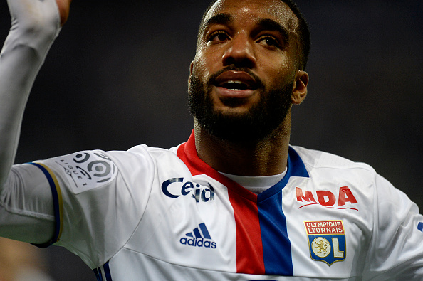 Lyon's French forward Alexandre Lacazette celebrates after scoring a goal during the French L1 football match between Lyon (OL) and Monaco (ASM) at the Parc de l'Olympique Lyonnais in Decines-Charpieu, central eastern France, on May 7, 2016. Lyon won the match 6-1. / AFP / ROMAIN LAFABREGUE (Photo credit should read ROMAIN LAFABREGUE/AFP/Getty Images)