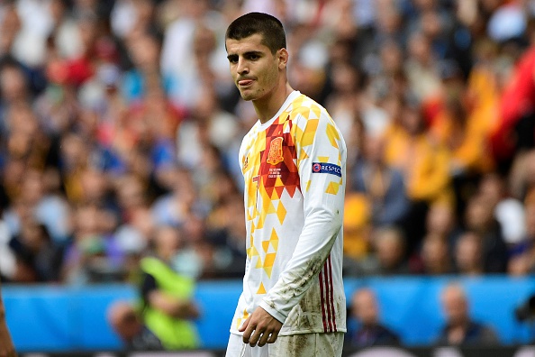 Spain's forward Alvaro Morata reacts during the Euro 2016 round of 16 football match between Italy and Spain at the Stade de France stadium in Saint-Denis, near Paris, on June 27, 2016. / AFP / PIERRE-PHILIPPE MARCOU (Photo credit should read PIERRE-PHILIPPE MARCOU/AFP/Getty Images)