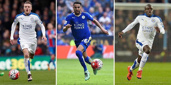 This combination of pictures shows the PFA Players Player of the Year shortlist of Leicester players (L-R) Leicester's Jamie Vardy, Riyad Mahrez and N'Golo Kante. Leicester City's extraordinary rise to the top of the Premier League has been recognised with the inclusion of three Foxes stars -- Jamie Vardy, Riyad Mahrez and N'Golo Kante -- on the shortlist for the Professional Footballers' Association Players' Player of the Year award. / AFP / GLYN KIRK (Photo credit should read GLYN KIRK/AFP/Getty Images)