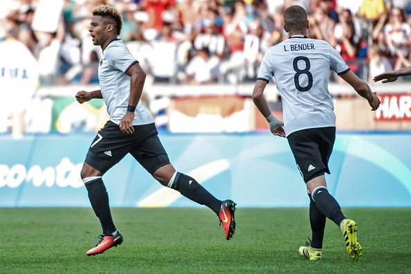 Germany's Serge Gnabry celebrates his goal against Fiji during the Rio 2016 Olympic Games first round Group C men's football match Germany vs Fiji at the Mineirao stadium in Belo Horizonte, Brazil on August 10, 2016. / AFP / GUSTAVO ANDRADE (Photo credit should read GUSTAVO ANDRADE/AFP/Getty Images)