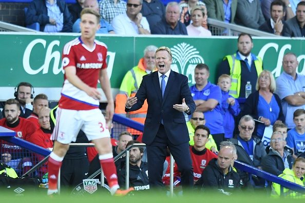 Koeman (pictured, centre) shouting instructions from the touchline during Everton's 3-1 win over Middlesbrough at Goodison Park on Saturday evening. | Photo: Anthony Devlin / Getty Images
