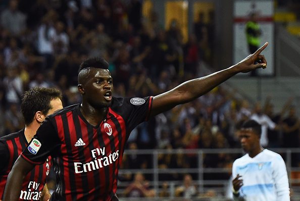 AC Milan's French forward from France Mbaye Niang celebrates after scoring a goal during the Italian Serie A football match between AC Milan and SS Lazio at the San Siro Stadium in Milan, on September 20, 2016. (Photo credit should read GIUSEPPE CACACE/AFP/Getty Images)