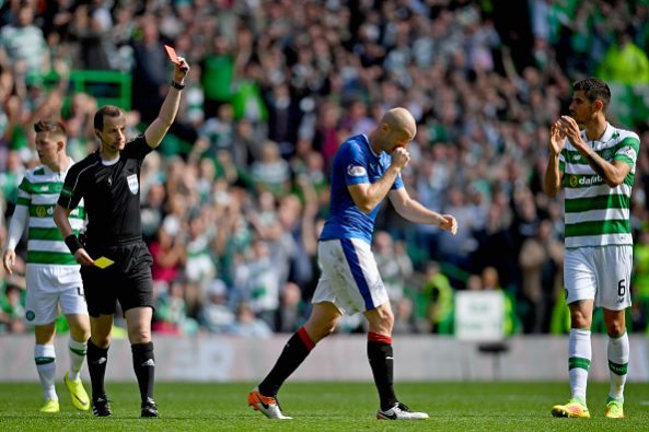 GLASGOW, SCOTLAND - SEPTEMBER 10:Philippe Senderos of Rangers is sent off during the Ladbrokes Scottish Premier league match between Celtic and Rangers at Celtic Park Stadium on September 10, 2016 in Glasgow, Scotland. (Photo by Jeff J Mitchell/Getty Images)
