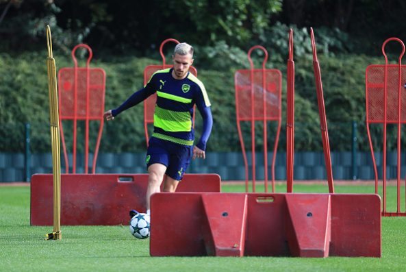 ST ALBANS, ENGLAND - OCTOBER 18:  Aaron Ramsey of Arsenal performs a drill during an Arsenal training session on the eve of their UEFA Champions League Group A match against Ludogorets Razgrad at London Colney on October 18, 2016 in St Albans, England.  (Photo by Matthew Lewis/Getty Images)