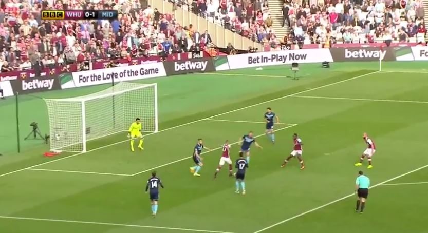 As you can see from the picture, Payet (centre) has already breached Boro's backline effortlessly - meaning Chambers is seemingly helpless to stop the Frenchman from taking a shot. With that being said, he needs to find the right balance between being quick or patient and delaying the opponent, reducing their momentum. 