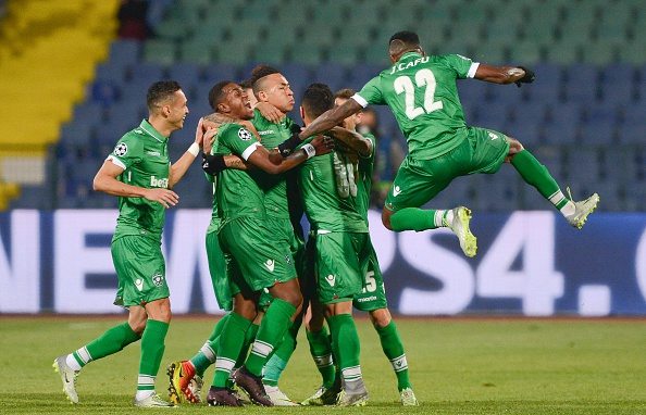 Ludogorets' players celebrate after scoring during the UEFA Champions League Group A football match between Ludogorets Razgrad and Paris Saint-Germain (PSG) at Vasil Levski National Stadium in Sofia on September 28, 2016. / AFP / NIKOLAY DOYCHINOV (Photo credit should read NIKOLAY DOYCHINOV/AFP/Getty Images)