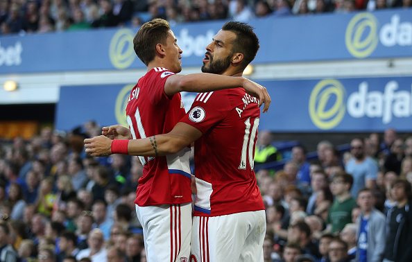 LIVERPOOL, ENGLAND - SEPTEMBER 17: Alvaro Negredo of Middlesbrough celebrates with Gaston Ramirez of Middlesbrough during the Premier League match between Everton and Middlesbrough at Goodison Park on September 17, 2016 in Liverpool, England. (Photo by Lynne Cameron/Getty Images)