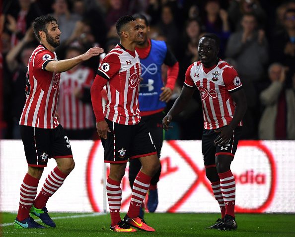 SOUTHAMPTON, ENGLAND - OCTOBER 26: Sofiane Boufal of Southampton (C) celebrates scoring his sides first goal with Sam McQueen of Southampton (L) and Olufela Olomola of Southampton (R) during the EFL Cup fourth round match between Southampton and Sunderland at St Mary's Stadium on October 26, 2016 in Southampton, England. (Photo by Mike Hewitt/Getty Images)