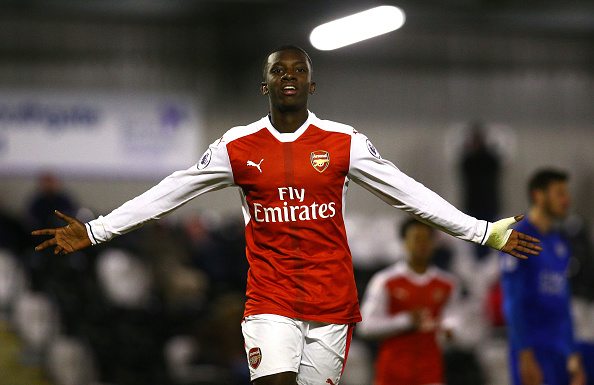 BOREHAMWOOD, ENGLAND - NOVEMBER 29: Eddie Nketiah of Arsenal celebrates after scoring his and his sides second goal during the Premier League 2 match between Arsenal and Leicester City at Meadow Park on November 28, 2016 in Borehamwood, England. (Photo by Alex Pantling/Getty Images)