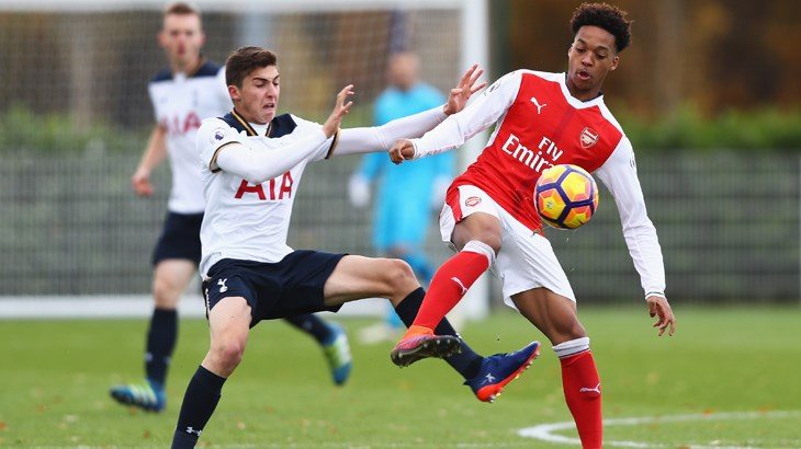 Chris Willock (right) was heavily involved as part of Arsenal's attacking quartet alongside Hinds, Mavididi and Nelson throughout - and created the assist for Debuchy's second-half strike. (Photo: Tottenham's official website)