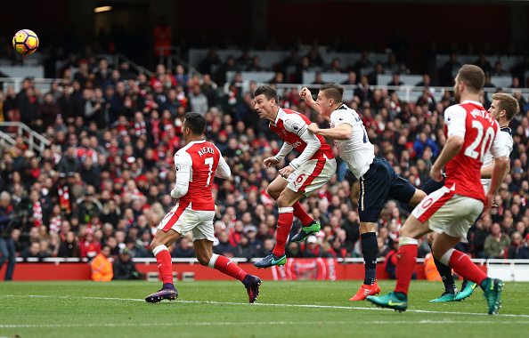 LONDON, ENGLAND - NOVEMBER 06: Kevin Wimmer of Tottenham Hotspur scores an own goal for Arsenal's first during the Premier League match between Arsenal and Tottenham Hotspur at Emirates Stadium on November 6, 2016 in London, England. (Photo by Clive Rose/Getty Images)