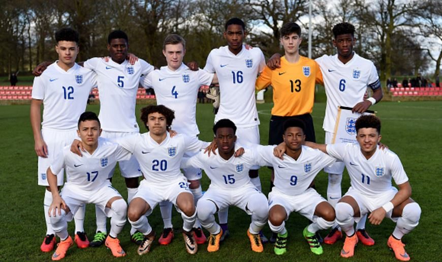BURTON-UPON-TRENT, ENGLAND - FEBRUARY 18: Zech Medley (No.16, top row) pictured before England's u16 international friendly against Czech Republic, back in February this year. Alongside other highly-rated youngsters including Manchester City pair Joel Latibeaudiere (far left) and Jadon Sancho (far right), the 16-year-old has plenty of potential to fufill in the coming years.