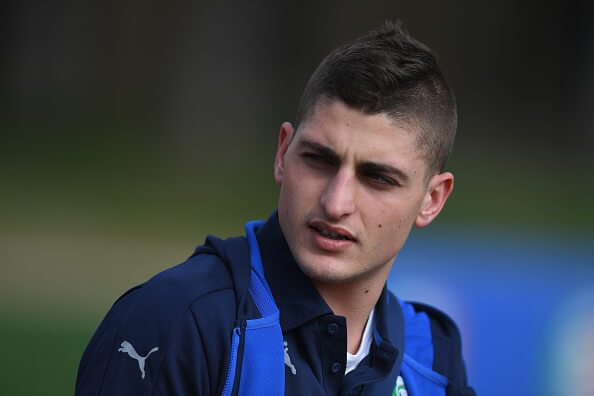 FLORENCE, ITALY - MARCH 20: Marco Verratti of Italy looks on prior to the training session at the club's training ground at Coverciano on March 20, 2017 in Florence, Italy. (Photo by Claudio Villa/Getty Images)