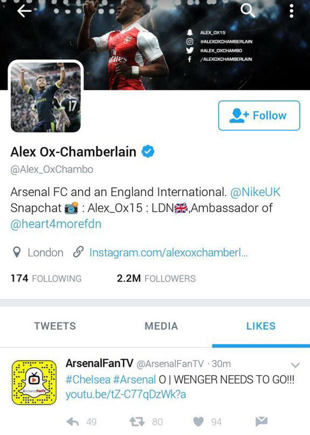 Oxlade Chamberlain liked an anti Arsene Wenger tweet 818395