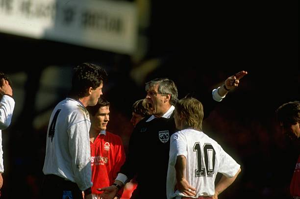 1991: Tony Gale #4 of West Ham is sent off after being shown the red card by referee Keith Hackett during the FA Cup Semi-Final against Nottingham Forest at Villa Park in Birmingham, England. Nottingham Forest won the match 4-0. \ Mandatory Credit: Shaun Botterill/Allsport