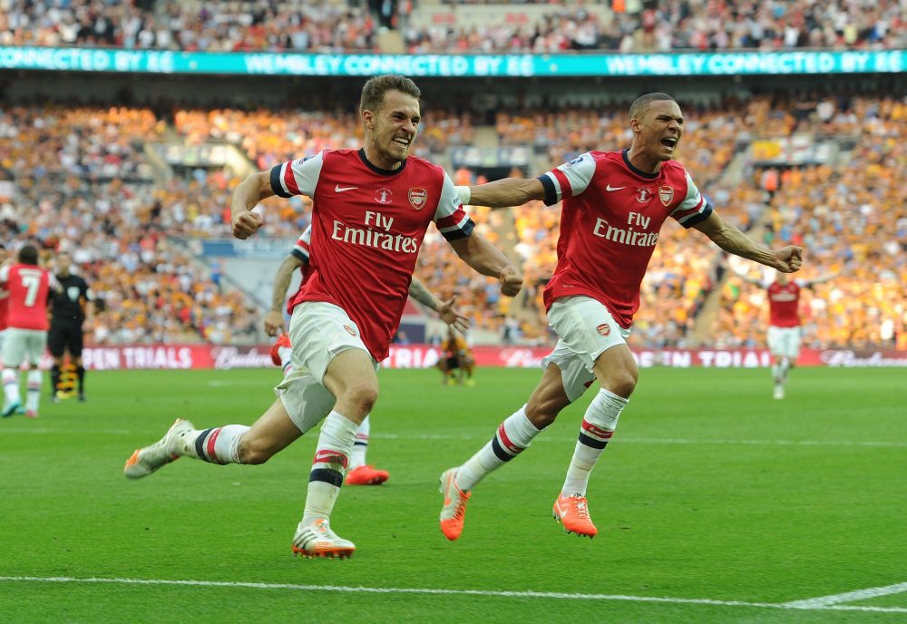 LONDON, ENGLAND - MAY 17:  Aaron Ramsey celebrates scoring Arsenal's 3rd goal with Kieran Gibbs during the match between Arsenal and Hull City in the FA Cup Final at Wembley Stadium on May 17, 2014 in London, England.  (Photo by David Price/Arsenal FC via Getty Images) *** Local Caption *** Aaron Ramsey; Kieran Gibbs