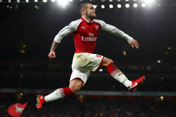 LONDON, ENGLAND - JANUARY 03: Jack Wilshere of Arsenal celebrates after scoring his sides first goal during the Premier League match between Arsenal and Chelsea at Emirates Stadium on January 3, 2018 in London, England. (Photo by Julian Finney/Getty Images)