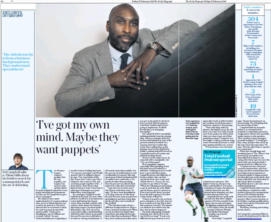 daily telegraph sol campbell 23 feb 2018