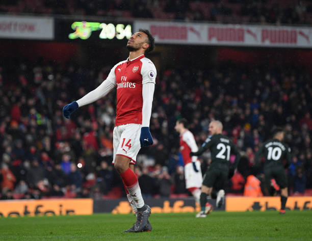 LONDON, ENGLAND - MARCH 01: Pierre-Emerick Aubameyang of Arsenal reacts after having penalty saved by Ederson of Manchester City during the Premier League match between Arsenal and Manchester City at Emirates Stadium on March 1, 2018 in London, England. (Photo by Shaun Botterill/Getty Images)