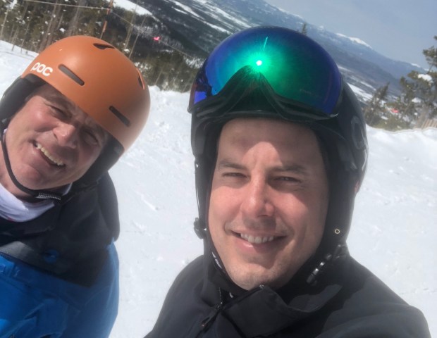 Josh Kroenke (right) and Mark Kiszla at Winter Park on Tuesday April 14, 2018. (Photo by Mark Kiszla, The Denver Post)