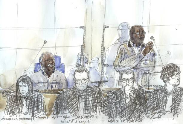 This courtroom sketch created on May 2, 2018 shows (back row, LtoR) Tito Barahira and Octavien Ngenzi, two former Rwandan mayors who were sentenced to life in prison in France in 2016 for participation in the Rwandan genocide, sitting in the docks behind their lawyers (front row, LtoR) Alexandra Bourgeot, Benjamin Chouai, Fabrice Epstein and Benjamin Boj, during their appeal hearing at the courthouse of Paris. - In 2016, the two former mayors were sentenced for their participation in the genocide of Tutsi in their village of Kabarondo in April 1994. Ngenzi and Bahahira, who had succeeded each other at the head of their rural village, have always denied their involvement in the massacres. (Photo by Benoit PEYRUCQ / AFP)
