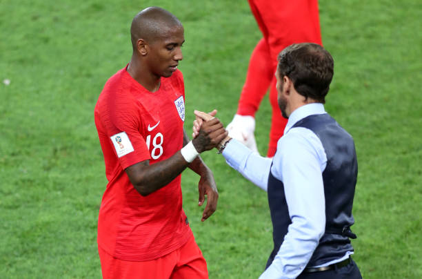 MOSCOW, RUSSIA - JULY 03: Ashley Young of England is congratulated by Gareth Southgate, Manager of England after being replaced during the 2018 FIFA World Cup Russia Round of 16 match between Colombia and England at Spartak Stadium on July 3, 2018 in Moscow, Russia. (Photo by Alex Morton/Getty Images)