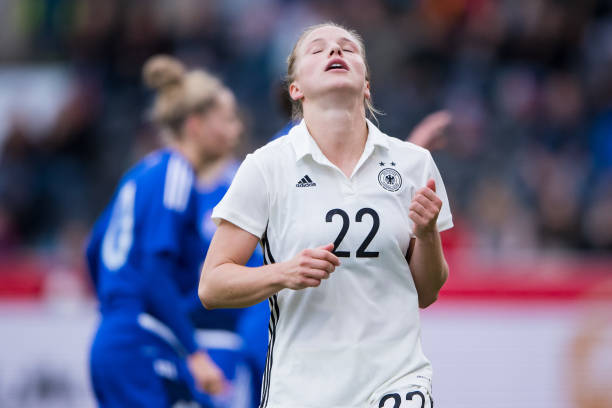 GROSSASPACH, GERMANY - OCTOBER 24: Tabea Kemme of Germany reacts during the 2019 FIFA Women's World Championship Qualifier match between Germany and Faroe Islands at mechatronik Arena on October 24, 2017 in Grossaspach, Germany. (Photo by Simon Hofmann/Bongarts/Getty Images)
