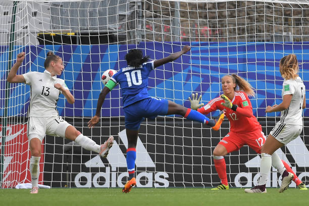 Haiti's forward Nerilia Mondesir (2ndL) scores during the Women's World Cup U20 Group C football match Germany vs Haiti on August 13, 2018, at the Rabine Stadium in Vannes, western France. (Photo by LOIC VENANCE / AFP) 