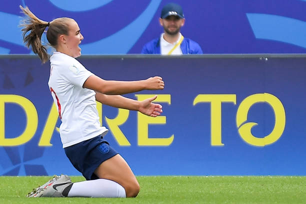England's midfielder Georgia Stanway celebrates after scoring a goal during the Women's World Cup U20 quarter final football match between England and Netherlands on August 17, 2018, at the La Rabine Stadium in Vannes, western France. (Photo by LOIC VENANCE / AFP)