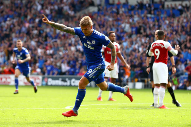 CARDIFF, WALES - SEPTEMBER 02: Danny Ward of Cardiff City celebrates after scoring his team's second goal during the Premier League match between Cardiff City and Arsenal FC at Cardiff City Stadium on September 2, 2018 in Cardiff, United Kingdom. (Photo by Clive Rose/Getty Images)