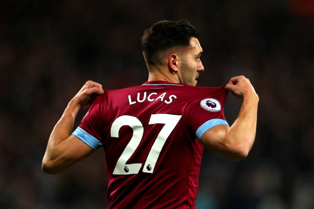 LONDON, ENGLAND - DECEMBER 04: Lucas Perez of West Ham United celebrates after scoring his team's second goal during the Premier League match between West Ham United and Cardiff City at London Stadium on December 4, 2018 in London, United Kingdom. (Photo by Dan Istitene/Getty Images)