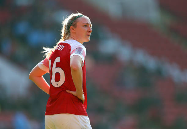 SHEFFIELD, ENGLAND - FEBRUARY 23: Louise Quinn of Arsenal during the FA Women's Continental League Cup Final between Arsenal Women and Manchester City Women at Bramall Lane on February 23, 2019 in Sheffield, England. (Photo by Catherine Ivill/Getty Images)