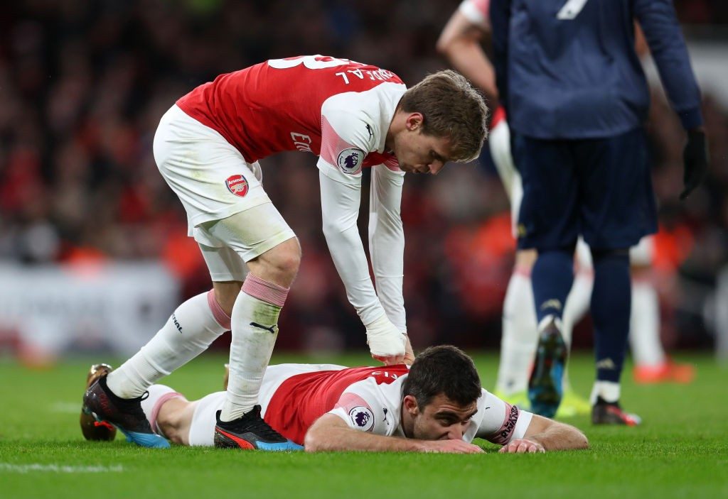 LONDON, ENGLAND - MARCH 10: Nacho Monreal and Sokratis Papastathopoulos of Arsenal during the Premier League match between Arsenal FC and Manchester United at Emirates Stadium on March 10, 2019 in London, United Kingdom. (Photo by Catherine Ivill/Getty Images)