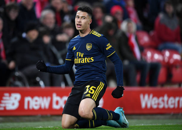 LIVERPOOL, ENGLAND - OCTOBER 30: Gabriel Martinelli of Arsenal celebrates after scoring his team's second goal during the Carabao Cup Round of 16 match between Liverpool and Arsenal at Anfield on October 30, 2019 in Liverpool, England. (Photo by Laurence Griffiths/Getty Images)