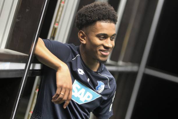 German first division Bundesliga club TSG 1899 Hoffenheim's English forward Reiss Nelson poses during the club's media day on April 4, 2019 at the training center in Zuzenhausen near Hoffenheim, southwest Germany. (Photo by Daniel ROLAND / AFP)       