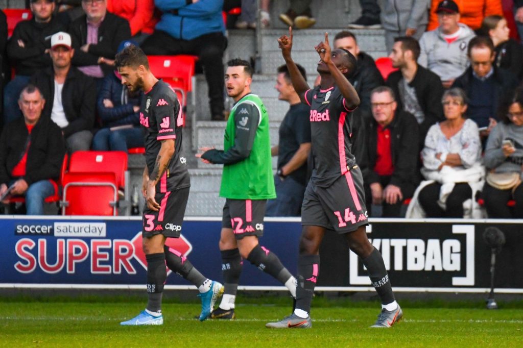 SALFORD, ENGLAND - AUGUST 13: Eddie Nketiah of Leeds United after scoring the opening goal during the Carabao Cup First Round match between Salford City and Leeds United at Moor Lane on August 13, 2019, in Salford, England. (Photo via Getty Images)