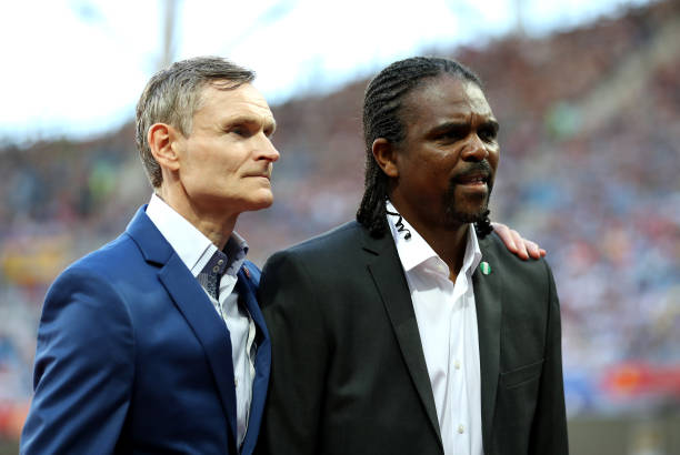 VOLGOGRAD, RUSSIA - JUNE 22:  FIFA Legends Birkir Kristinsson of Iceland and Nwanko Kanu of Nigeria prior to the 2018 FIFA World Cup Russia group D match between Nigeria and Iceland at Volgograd Arena on June 22, 2018 in Volgograd, Russia.  (Photo by Catherine Ivill/Getty Images)
