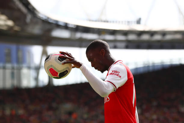 LONDON, ENGLAND - AUGUST 17: Nicolas Pepe of Arsenal looks on during the Premier League match between Arsenal FC and Burnley FC at Emirates Stadium on August 17, 2019 in London, United Kingdom. (Photo by Julian Finney/Getty Images)