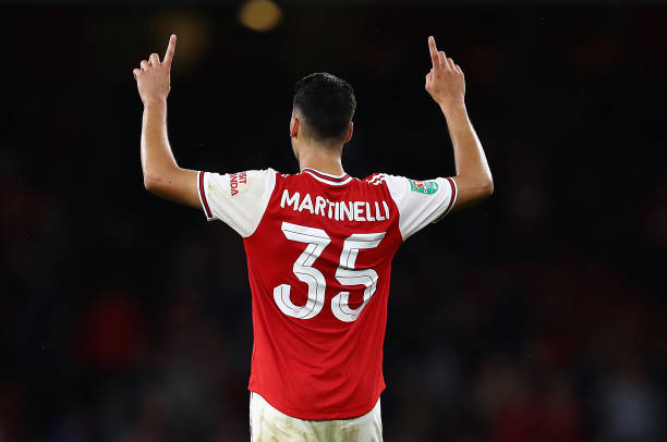 LONDON, ENGLAND - SEPTEMBER 24: Gabriel Martinelli of Arsenal celebrates scoring the fifth goal during the Carabao Cup Third Round match between Arsenal and Nottingham Forest at Emirates Stadium on September 24, 2019 in London, England. (Photo by Julian Finney/Getty Images)