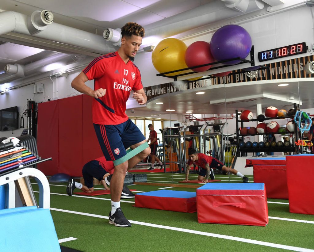 ST ALBANS, ENGLAND - SEPTEMBER 13: William Saliba of Arsenal during a training session at London Colney on September 13, 2019 in St Albans, England. (Photo by Stuart MacFarlane/Arsenal FC via Getty Images)