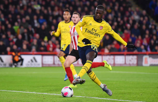 SHEFFIELD, ENGLAND - OCTOBER 21: Nicolas Pepe of Arsenal shoots wide during the Premier League match between Sheffield United and Arsenal FC at Bramall Lane on October 21, 2019 in Sheffield, United Kingdom. (Photo by Laurence Griffiths/Getty Images)
