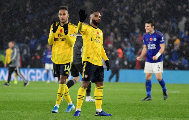 LEICESTER, ENGLAND - NOVEMBER 09: Pierre-Emerick Aubameyang and Alexandre Lacazette of Arsenal  after the Premier League match between Leicester City and Arsenal FC at The King Power Stadium on November 09, 2019 in Leicester, United Kingdom. (Photo by Ross Kinnaird/Getty Images)