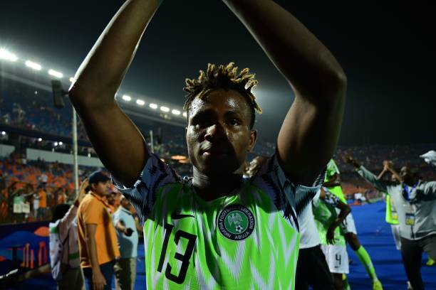 Nigeria's forward Samuel Chukwueze celebrates the win during the 2019 Africa Cup of Nations (CAN) quarter final football match between Nigeria and South Africa at Cairo international stadium on July 9, 2019. (Photo by Giuseppe CACACE / AFP) 