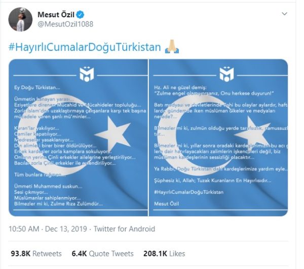 Mesut Ozil tweet about Uighur Muslims and their treatment in China