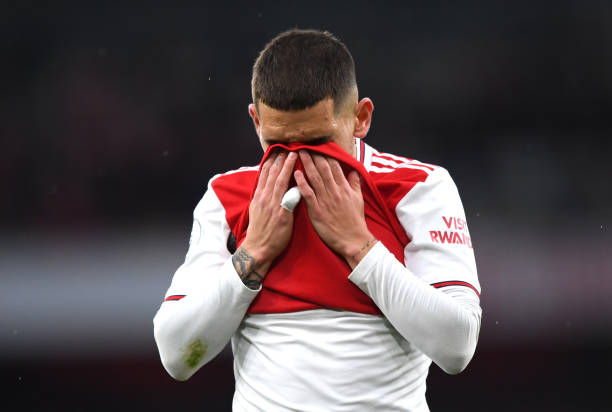 LONDON, ENGLAND - NOVEMBER 23: Lucas Torreira of Arsenal reacts during the Premier League match between Arsenal FC and Southampton FC at Emirates Stadium on November 23, 2019 in London, United Kingdom. (Photo by Shaun Botterill/Getty Images)