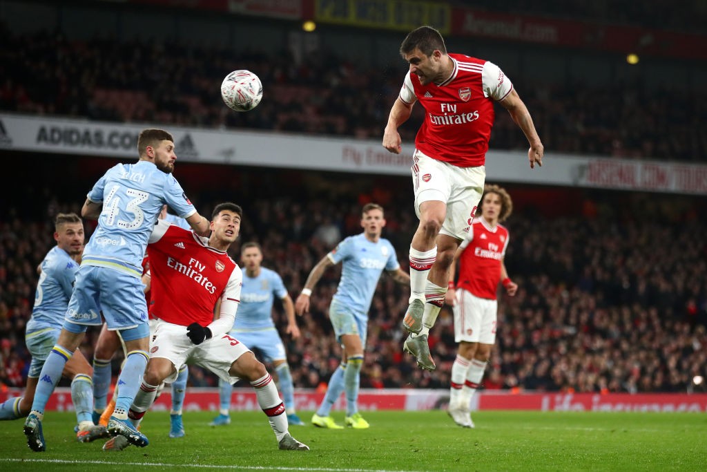 LONDON, ENGLAND - JANUARY 06: Sokratis Papastathopoulos of Arsenal heads towards goal during the FA Cup Third Round match between Arsenal FC and Leeds United at the Emirates Stadium on January 06, 2020, in London, England. (Photo by Julian Finney/Getty Images)