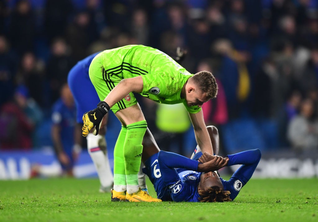 LONDON, ENGLAND - JANUARY 21: Bernd Leno of Arsenal checks on Tammy Abraham of Chelsea after the Premier League match between Chelsea FC and Arsenal FC at Stamford Bridge on January 21, 2020, in London, United Kingdom. (Photo by Shaun Botterill/Getty Images)